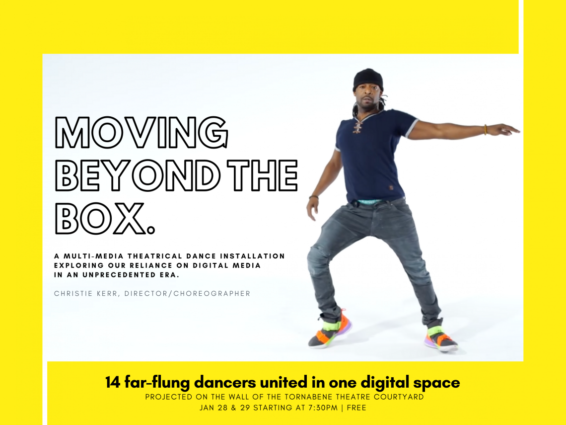 Graphic for Moving Beyond the Box depicting event information which a dancer pictured.